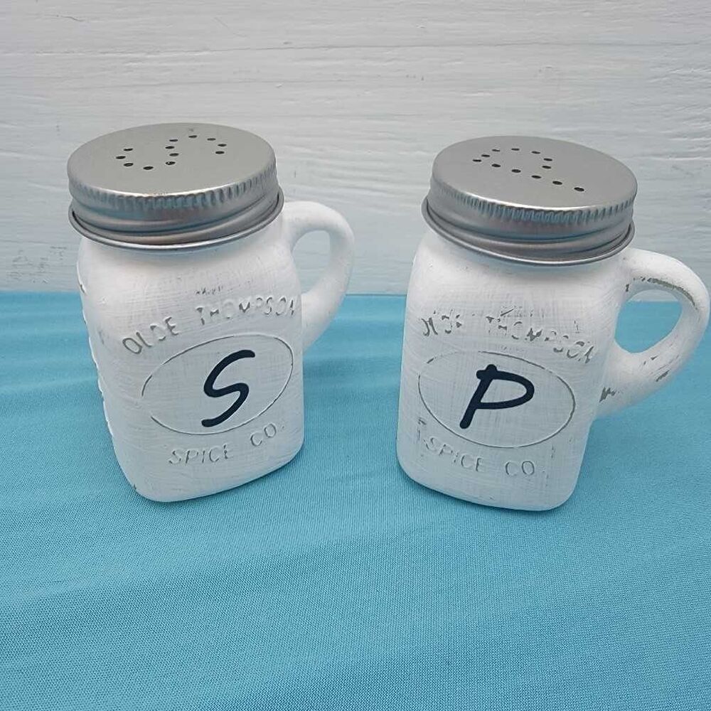 Mason Jar Salt Pepper Shakers S P White Glass Handle Rustic Farmhouse
